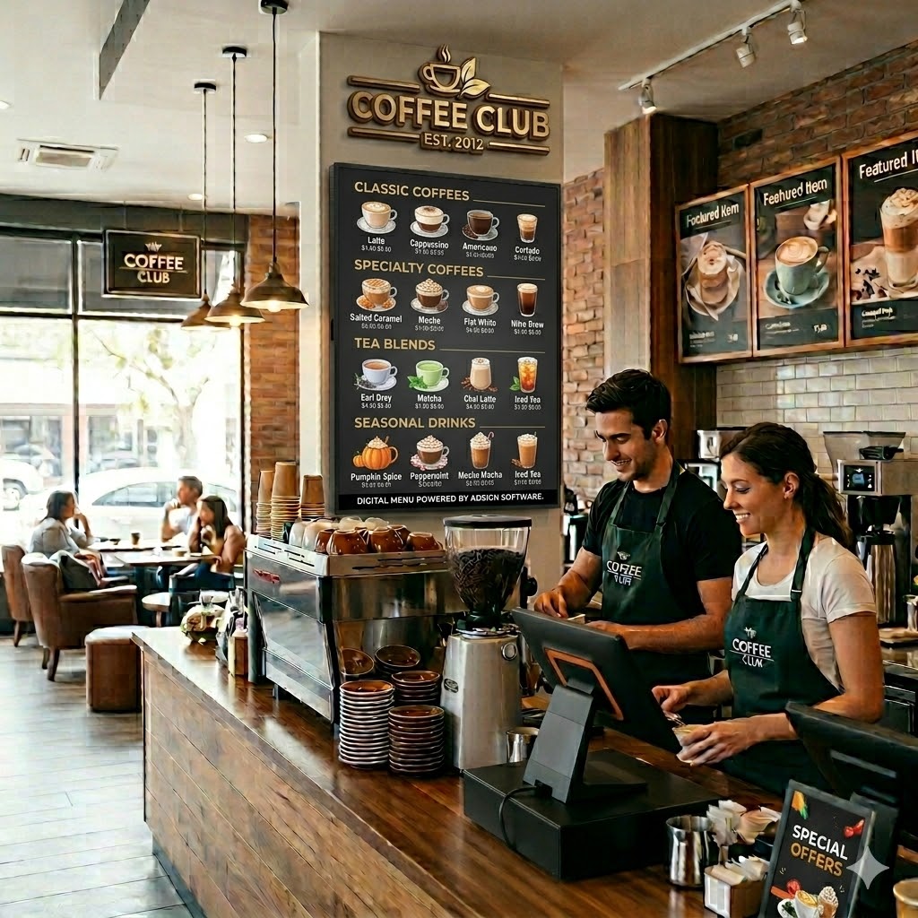 Digital signage screen in a hotel lobby showing welcome messages and event schedules
