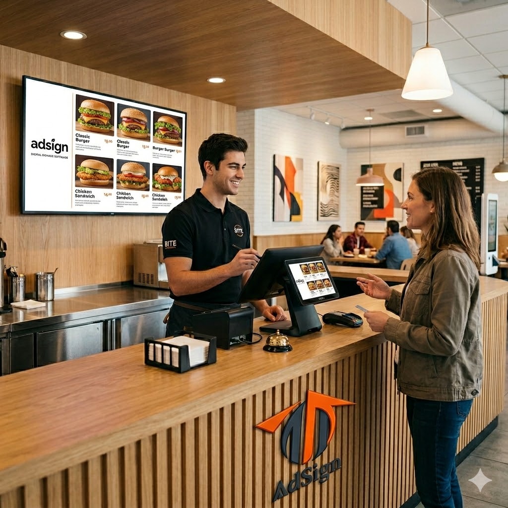 Corporate office digital signage displaying company announcements and internal communications