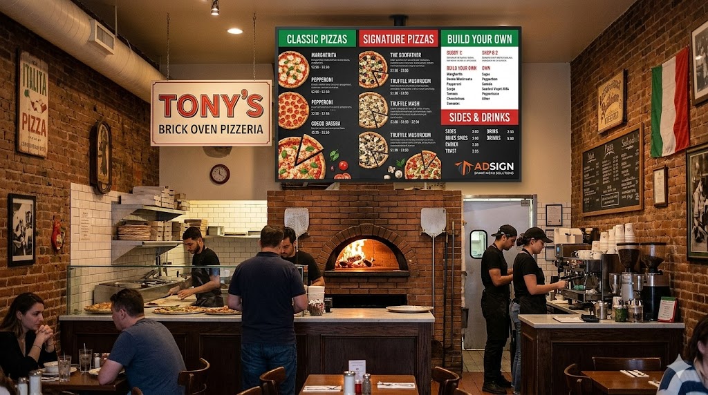 Healthcare facility waiting room digital display showing patient information and health tips