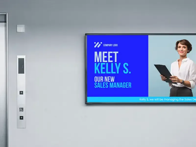 Corporate office digital signage displaying company announcements and internal communications