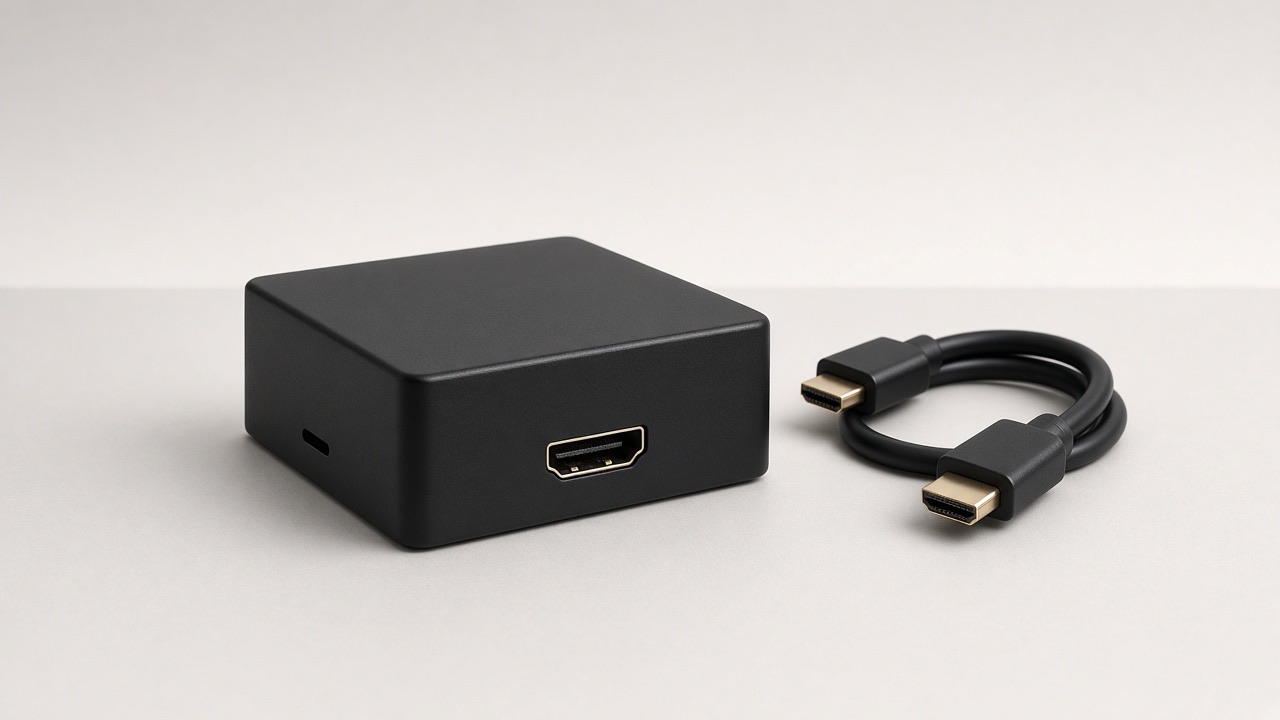 A small media player box with an HDMI cable