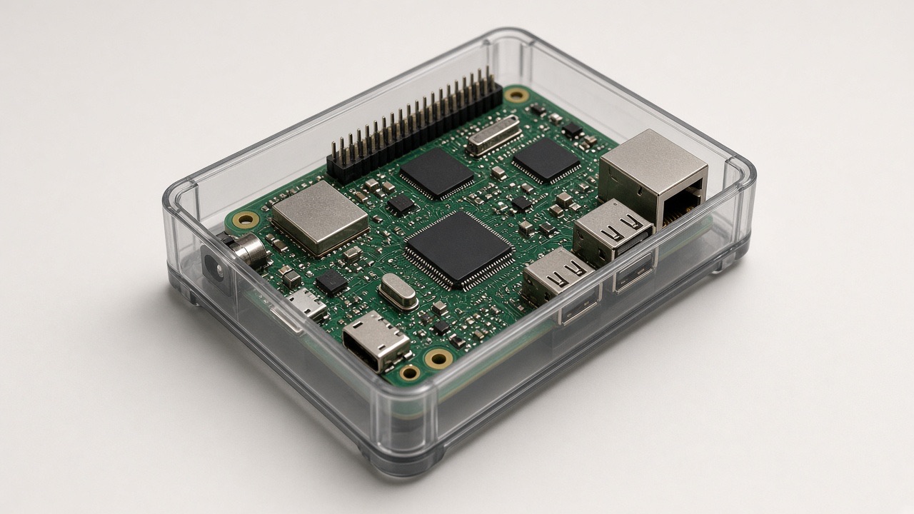 A small single-board computer in a clear case
