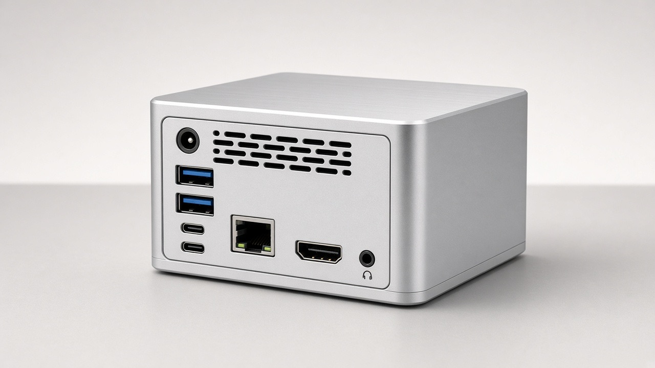 A compact mini PC used as a digital signage player