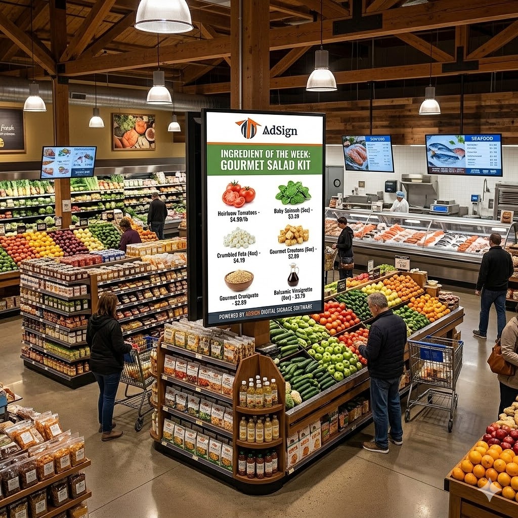 Digital signage display in a retail grocery store showing promotions and product information