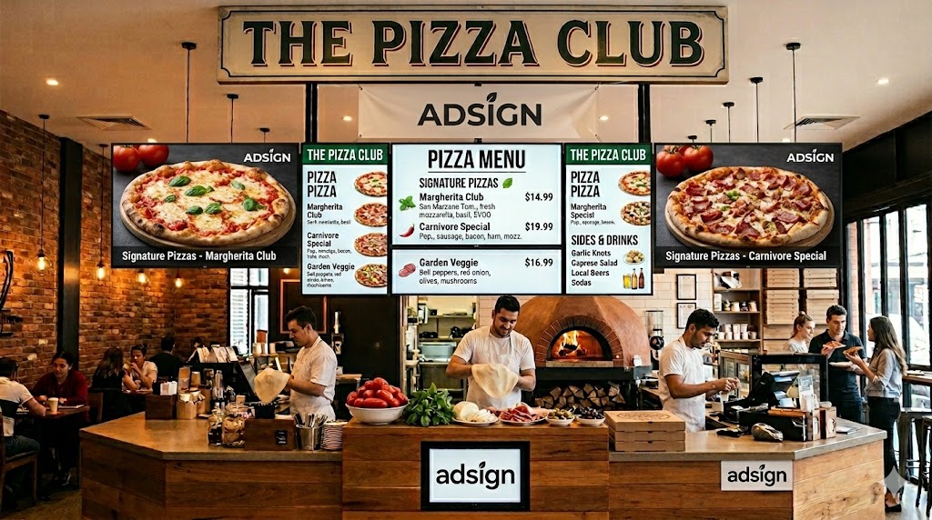 Digital menu board in a restaurant displaying food items and daily specials