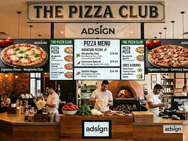 Digital menu board in a restaurant displaying food items and daily specials
