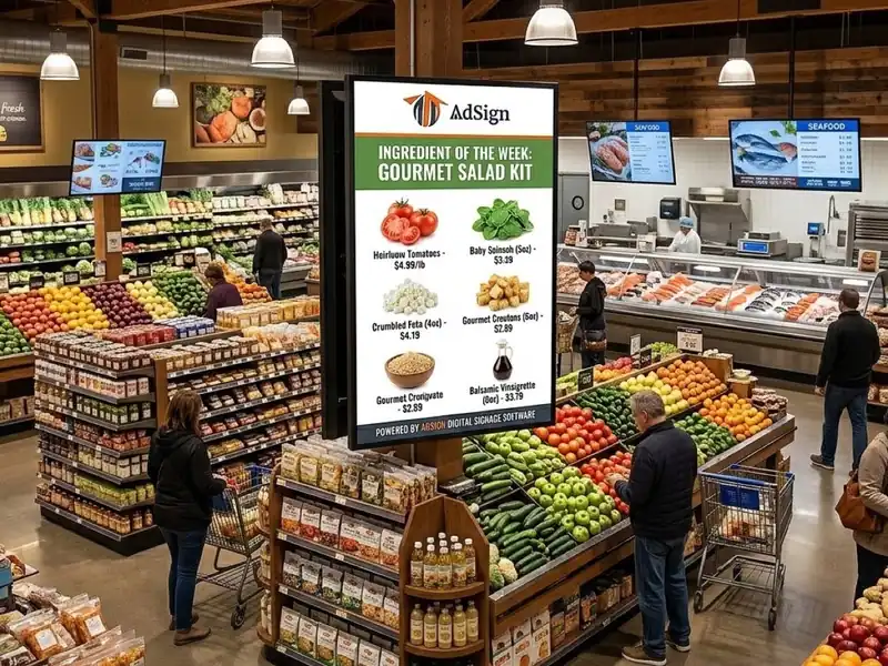 Digital signage display in a retail grocery store showing promotions and product information